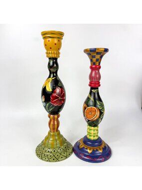 Tracy Porter Wooden Hand Painted Candlestick Holders Set Of 2 Floral Fruit 15''
